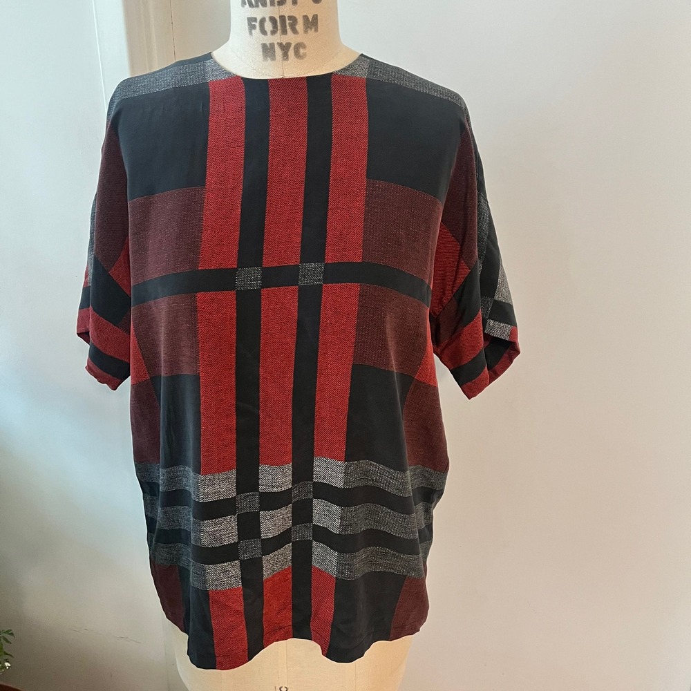 Rare SPORTMAX Silk Windowpane‎ Plaid Quiet Luxury Red and Black Top Size 8